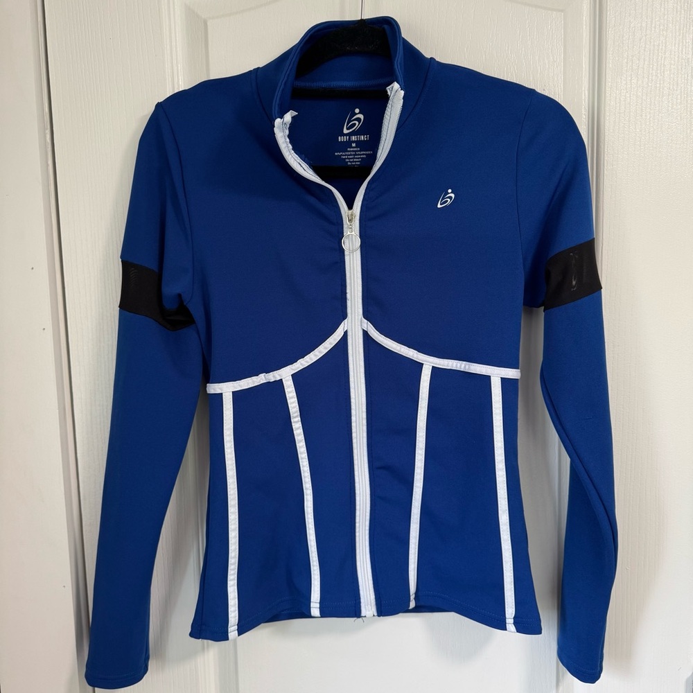 BODY INSTINCT Woman’s Blue Fitted Long Sleeve Zippered Sweatshirt Size M